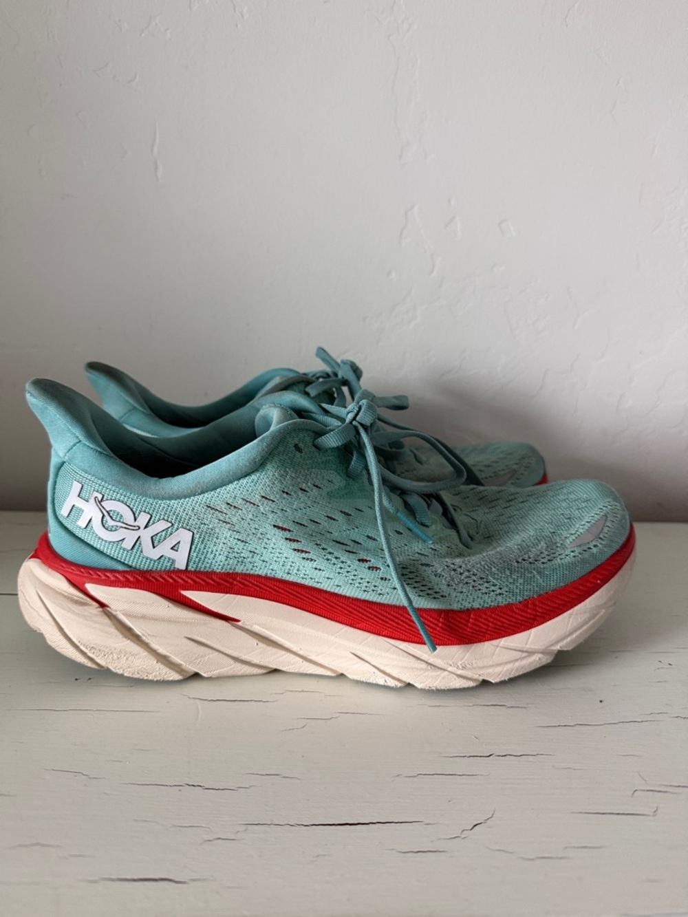 HOKA Clifton 8 Running Shoes Mesh Cushion Aquarelle Eggshell Blue Red 8.5B